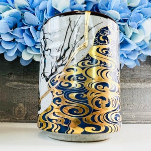 Kintsugi Gold Scenery Cup, Personalized Gift for Her, Kutani Yaki Ware Japanese Ceramics, Home Decor, Minimalist, Handmade, Kintsugi Bowl