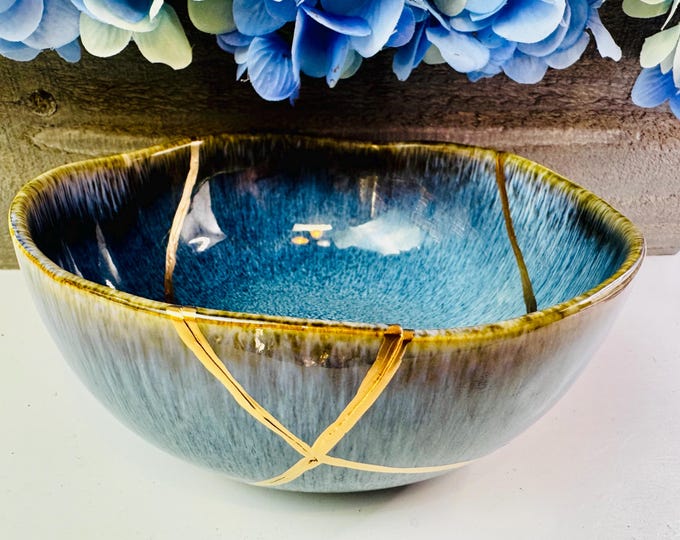 Kintsugi Glacial Blue Pottery Bowl, Gold Accents, Wedding Gifts, Home Decor