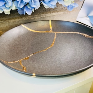 Kintsugi Bowl, Natural Charcoal Large Bowl, Kintsugi Art, Gift for Her, Fall Decor, Minimalist, Home decor, Gold Kintsugi