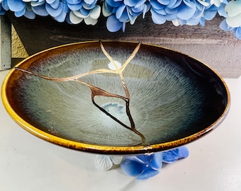 Kintsugi-skål, ökenbrun skål, höstkeramik, minimalistisk, heminredning, Kintsugi-kit, heminredning, brun stengodsskål med guldinlägg