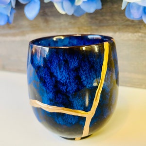 Kintsugi Cup, Handmade Kintsugi Blue Dipped Teacup - Personalized Minimalist Home Decor, Anniversary, Ceramic Gift, Birthday, Wedding