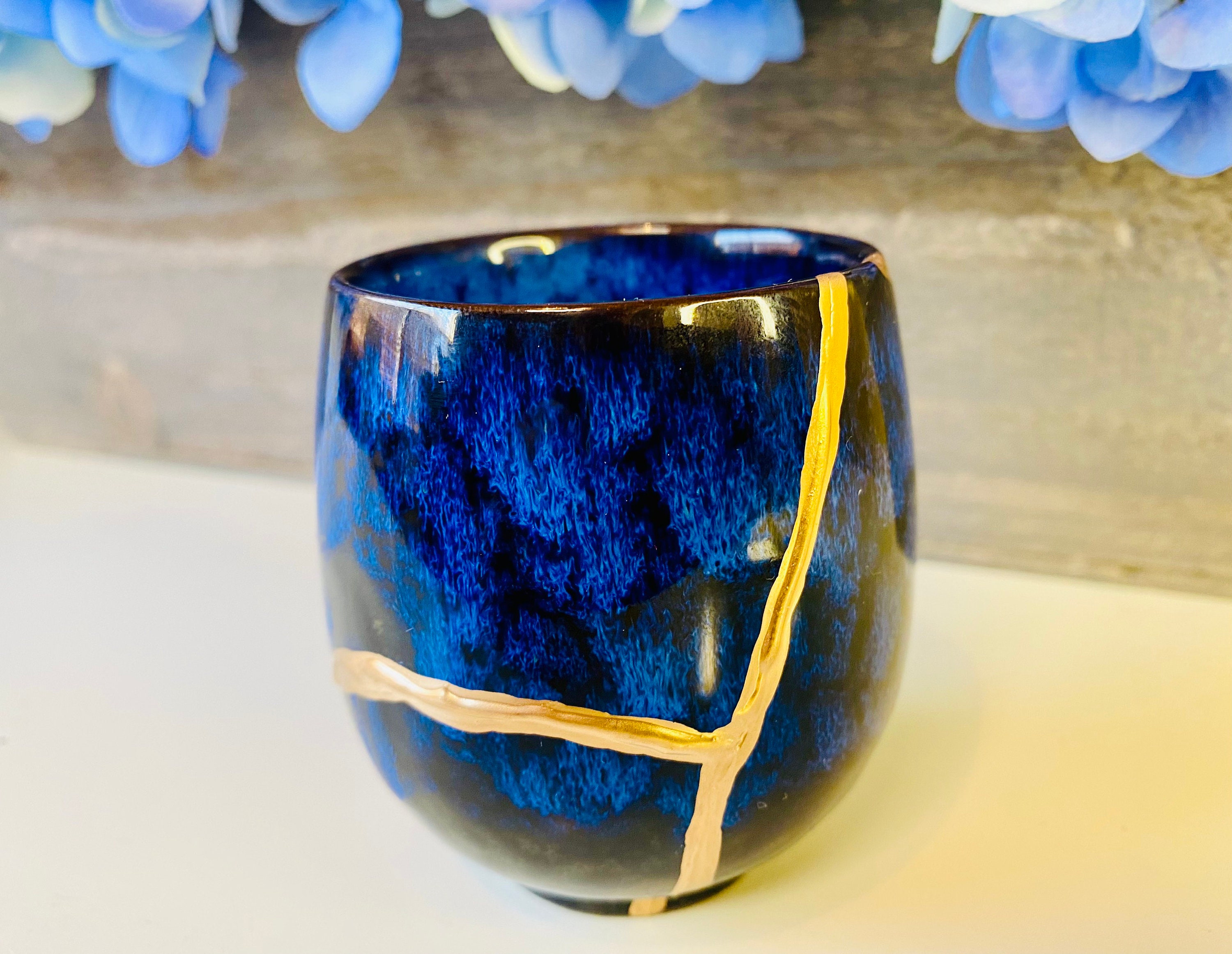 Kintsugi Cup, Handmade Kintsugi Blue Dipped Teacup - Personalized Minimalist Home Decor, Anniversary, Ceramic Gift, Birthday, Wedding