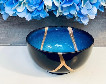 Kintsugi Bowl in Blue Ceramic, 5 x 2.5 Inch Gold Repair Decor