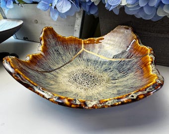 Cuenco Kintsugi, cuenco de cerámica dorado con uniones, esmalte color corteza de árbol de fuego naranja, reparación de cerámica, regalo de aniversario