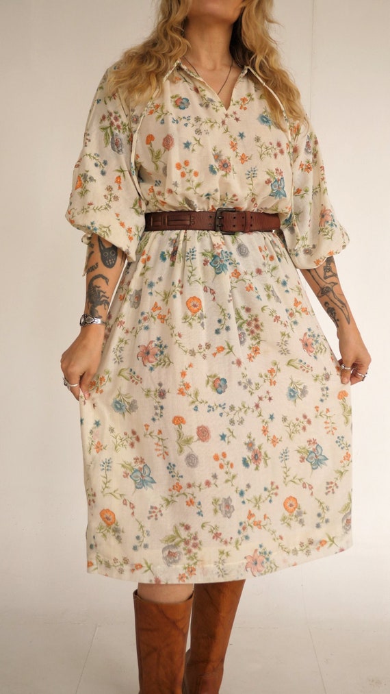 Vintage 70s Linen Floral Dress
