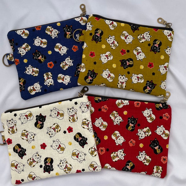 Padded zipper pouch/stash bag - lucky cat dobby canvas