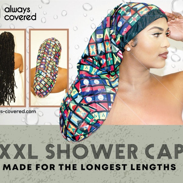 XXL Waterproof  Unisex Satin Lined Shower Cap w/ Adjustable Drawstring | Great for All Hair Types, Long hair, dreadlocks, braids, locs, wigs