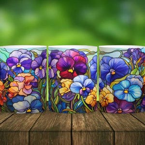 Stained Glass Pansy Mug – Colorful Floral Coffee Cup, 11or 15oz Ceramic Mug for Garden Lovers, Spring Gift for Flower Enthusiasts or Grandma