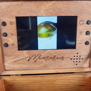 K&ouml;nnte beinhalten: Eine Holzkiste mit einem kleinen Bildschirm, der ein Video von einem gr&uuml;n-gelben Objekt zeigt. Die Kiste ist mit "Memories" beschriftet und hat Kn&ouml;pfe zur Steuerung des Videos.