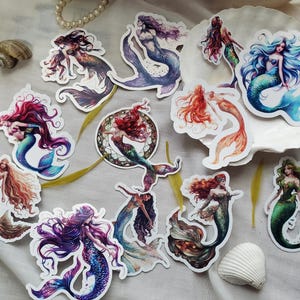 Mermaid Sticker Pack - 12 Wasserfarben Meerjungfrauen Aufkleber für Journals, Laptops, Sammelalben - Größen 2 "oder 3" ."