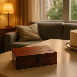 以下が含まれることがあります： 上部に「Memories」と刻まれた木製の箱。箱は明るい木製のテーブルの上に置かれ、背景には白いケーキが皿の上に置かれている。