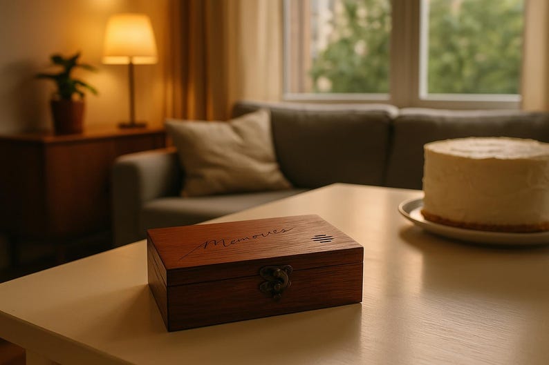 以下が含まれることがあります： 上部に「Memories」と刻まれた木製の箱。箱は明るい木製のテーブルの上に置かれ、背景には白いケーキが皿の上に置かれている。