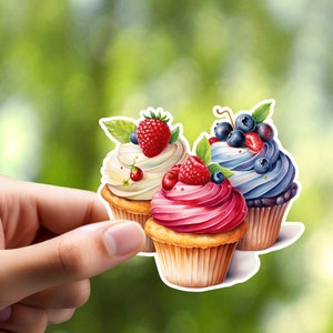 Sticker drie cupcakes, lieve sticker, laptopsticker, plakboeksticker, dagboeksticker, ambachtelijke sticker