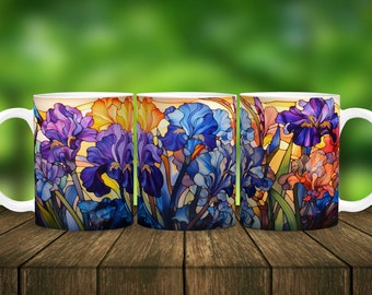 Stained Glass Irises Mug - 11 oz Ceramic Mug - | Floral Mug  |Flower Mug