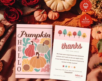 May include: Two pink cards with fall-themed designs. One card says "Pumpkin Hello" with pumpkin and sunflower illustrations. The other says "thanks for your order" with tree illustrations. Pumpkins and roses surround the cards.