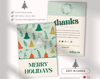 May include: A digital printable Christmas card with a green, white, and gold bell pattern. The card says "Merry Holidays" in green text on a cream background. The card also includes a thank you message for customer loyalty with a 10% off discount code and instructions to follow the seller on social media. The card is editable in Canva.