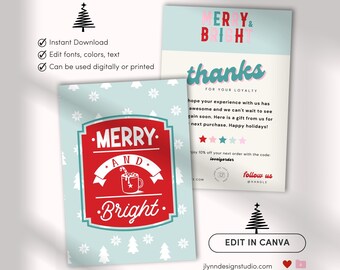 May include: A red and white Christmas card with the text "Merry and Bright" in a vintage style font. The card features a red mug with marshmallows and a candy cane, and a snowflake pattern. The card is perfect for thanking customers for their loyalty.