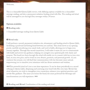 K&ouml;nnte beinhalten: Ein Dokument mit dunklem Hintergrund und warmem Schein. Der Text beschreibt einen gechannelten Queen Lilith-Dienst mit Optionen f&uuml;r eine Lesung, ein Ritual oder beides. Der Text enth&auml;lt die W&ouml;rter "Nur Lesung", "Nur Ritual" und "Lesung und Ritual".