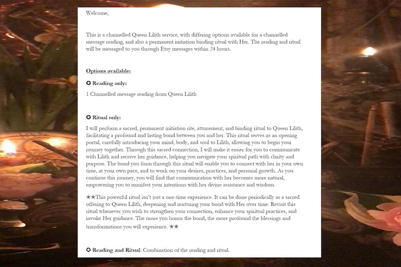 K&ouml;nnte beinhalten: Ein Dokument mit dunklem Hintergrund und warmem Schein. Der Text beschreibt einen gechannelten Queen Lilith-Dienst mit Optionen f&uuml;r eine Lesung, ein Ritual oder beides. Der Text enth&auml;lt die W&ouml;rter "Nur Lesung", "Nur Ritual" und "Lesung und Ritual".