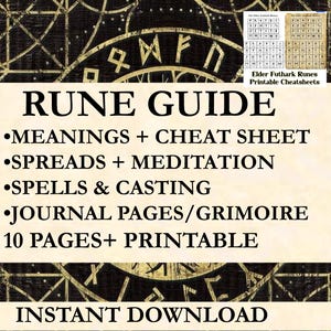 Könnte beinhalten: Ein druckbarer Runenführer mit schwarzem und weißem Hintergrund. Der Führer enthält Bedeutungen, Spickzettel, Auslegungen, Meditation, Zaubersprüche, Rituale, Tagebuchseiten und ein Grimoire. Es ist ein 10-seitiger druckbarer Führer.