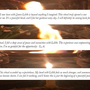 K&ouml;nnte beinhalten: Eine Nahaufnahme einer brennenden Kerze mit einer Flamme in der Mitte. Das Bild enth&auml;lt Text, der lautet: "The connection I now have with Queen Lilith is beyond anything I imagined. This ritual truly opened a new spiritual path for me. It's a powerful bond, and I feel her guidance every day. I will definitely be coming back for more! - D.R."
