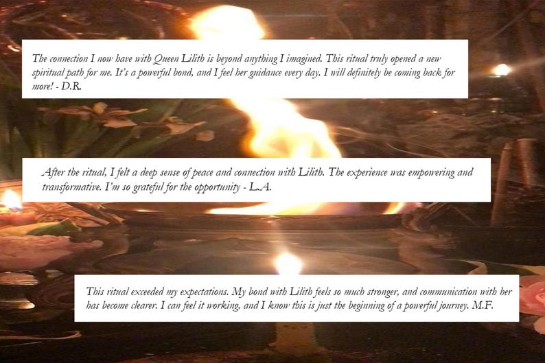 K&ouml;nnte beinhalten: Eine Nahaufnahme einer brennenden Kerze mit einer Flamme in der Mitte. Das Bild enth&auml;lt Text, der lautet: "The connection I now have with Queen Lilith is beyond anything I imagined. This ritual truly opened a new spiritual path for me. It's a powerful bond, and I feel her guidance every day. I will definitely be coming back for more! - D.R."