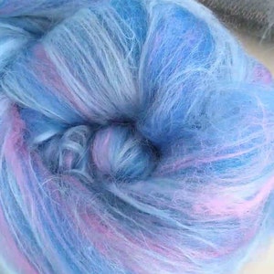 Blue and pink merino wool, silk and bamboo fibre batt. Blue rolags. Art fibre batts for spinning and felting.