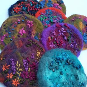 Embroidered Flower Brooch: Hand Felted Merino Wool Pin