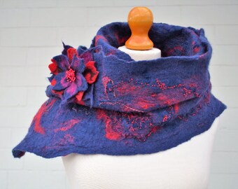 Navy blue and red merino wool nuno felt scarf. Wool felted wrap. Hand felted scarf. Gift for her.