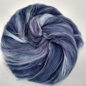 Navy blue and lilac merino wool and bamboo fibre art batt. Hand carded art fibres. Navy rolags.