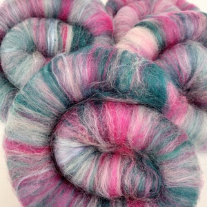 Teal blue green and pink merino wool rolags. Hand carded fibres for spinning or felting. Art batts. Blue rolag. Roving.