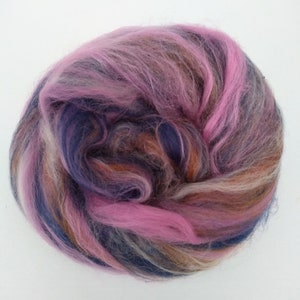 Navy blue, pink and tan merino wool and silk batt for spinning or felting. Navy blue rolags. Hand carded rolag. Art batts.