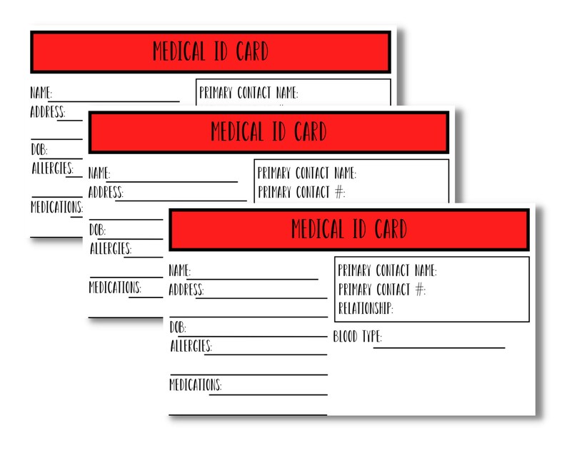 Printable Medical ID Cards Etsy