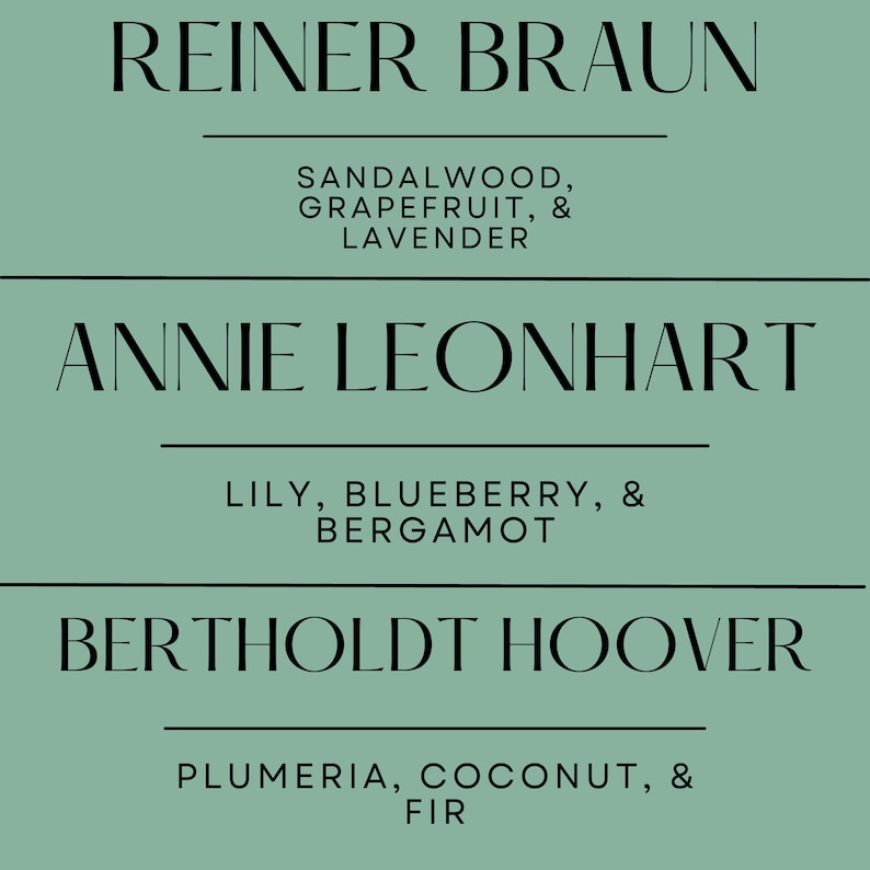 May include: A teal-colored graphic with three sections, each featuring a name and a list of scents. The top section reads "REINER BRAUN" with "SANDALWOOD, GRAPEFRUIT, & LAVENDER" below. The middle section says "ANNIE LEONHART" with "LILY, BLUEBERRY, & BERGAMOT". The bottom section says "BERTHOLDT HOOVER" with "PLUMERIA, COCONUT, & FIR".