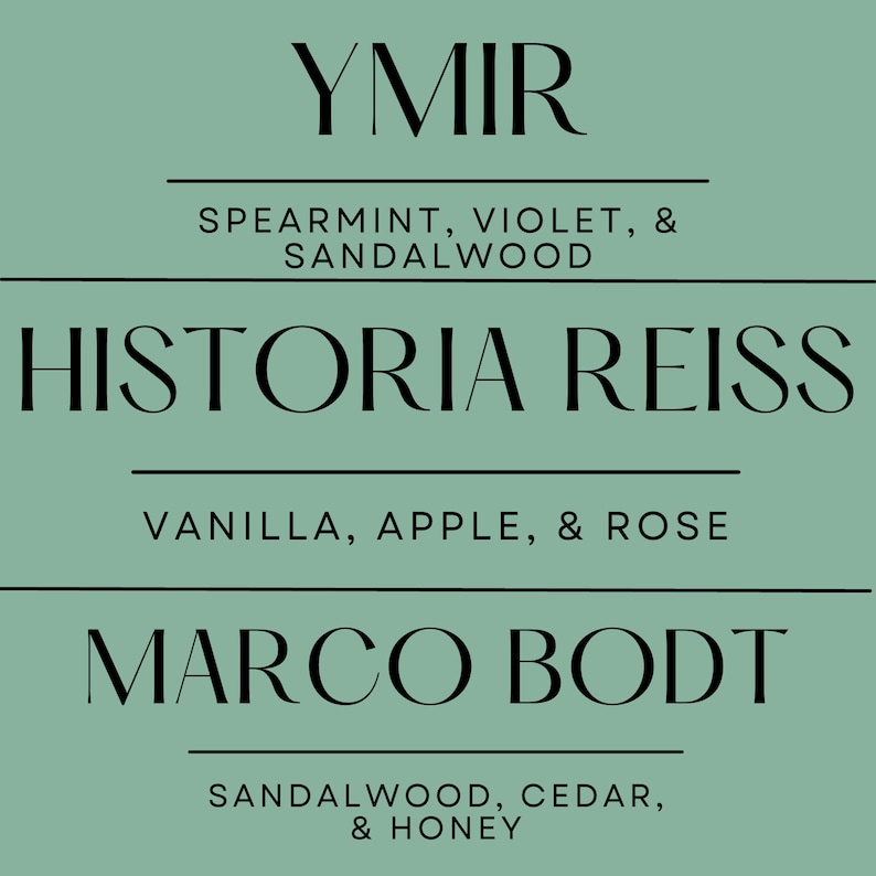 May include: A teal-colored graphic with three lines of text. The top line reads "YMIR" with "SPEARMINT, VIOLET, & SANDALWOOD" below. The middle line says "HISTORIA REISS" with "VANILLA, APPLE, & ROSE" below. The bottom line reads "MARCO BODT" with "SANDALWOOD, CEDAR, & HONEY" below.