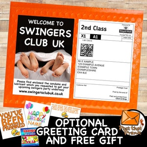SWINGERS CLUB - Prank Mail Package - Sent Directly to Victim by Post - Adult Joke Parcel Birthday Postal Gift Funny Gag Embarrassing Humour