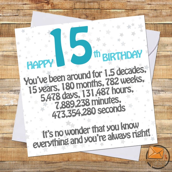 Funny 15th Birthday Card / for Son / Nephew / Grandson / Friend / Male / Boy / 15 / Fifteenth / Fifteen / Teenager / Comedy / Humour Cards