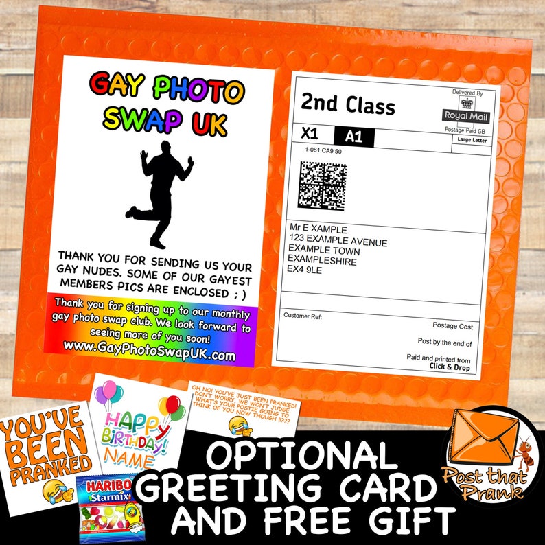 May include: An orange padded envelope with a "GAY PHOTO SWAP UK" label. It includes a Royal Mail label, a greeting card, and a free gift. The envelope also has the text "Optional Greeting Card and Free Gift."