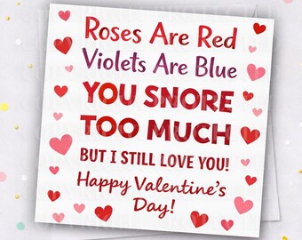 SNORE TOO MUCH Valentines Day Card Husband Boyfriend Wife Girlfriend Funny Snore Joke Funny Cheeky Rude Humour Valentine's