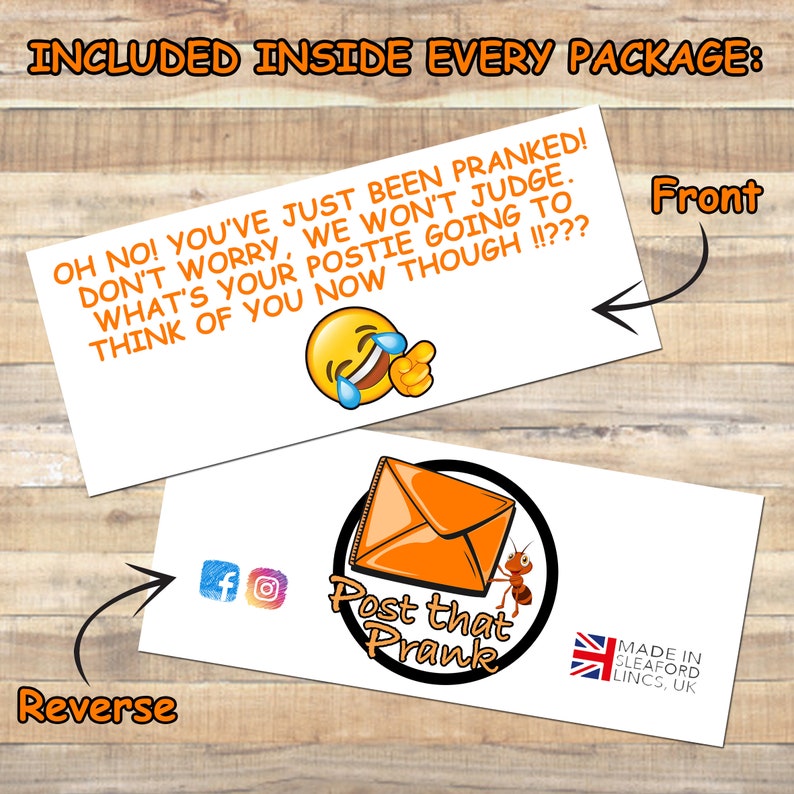 May include: Two white cards with text and graphics. The front card has the text "OH NO! YOU'VE JUST BEEN PRANKED! DON'T WORRY, WE WON'T JUDGE. WHAT'S YOUR POSTIE GOING TO THINK OF YOU NOW THOUGH !!???" and a laughing emoji. The reverse card has a logo with an orange envelope and the text "Post that Prank".