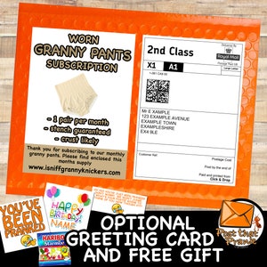 May include: A humorous prank gift subscription service for worn granny pants. The image shows a package with a label that says "Worn Granny Pants Subscription" and a pair of white granny pants. The label also includes the text "1 pair per month", "stench guaranteed", and "crust likely".
