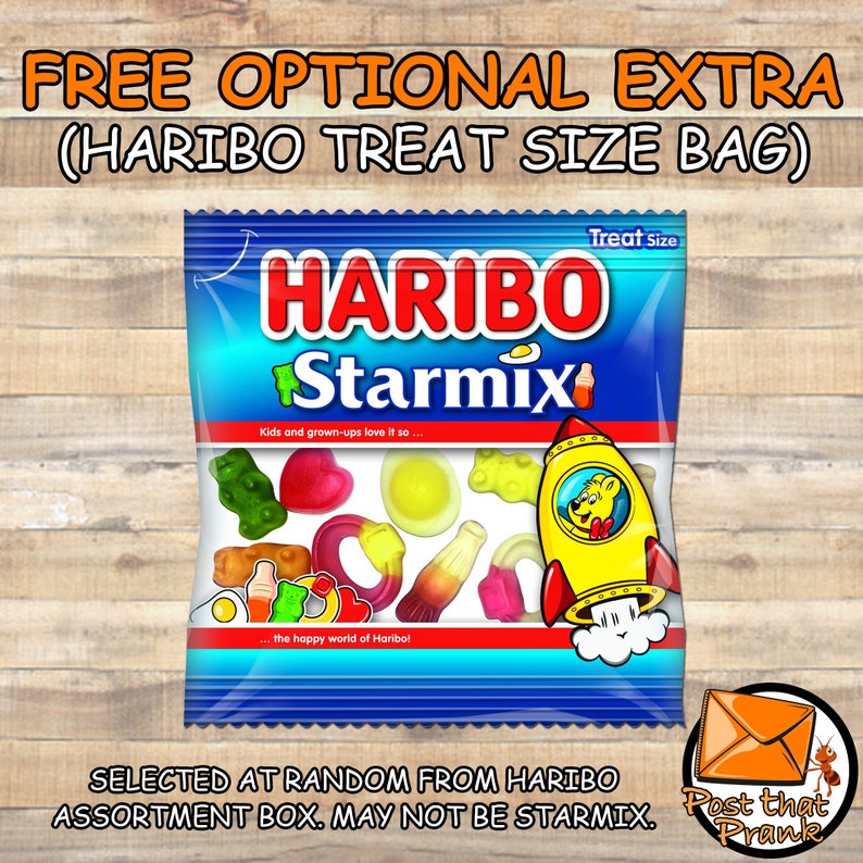 May include: A packet of Haribo Starmix sweets with a blue and white design. The packet displays the Haribo logo and various gummy sweets, including bears, hearts, and rings. Text on the packet reads "Kids and grown-ups love it so..." and "the happy world of Haribo!"