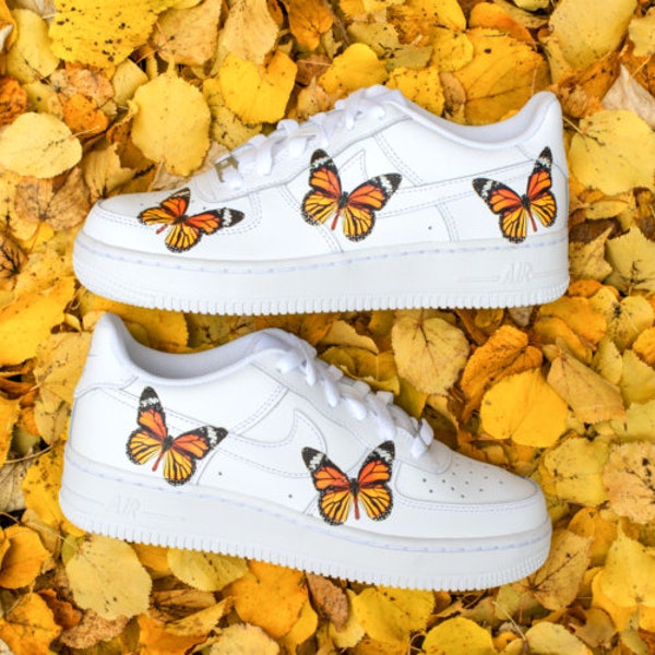 Orange Butterfly Custom Made Air Force 1, Personalized White AF1s , Hand Crafted Sneakers, Unisex Men Women kids, All Sizes Available