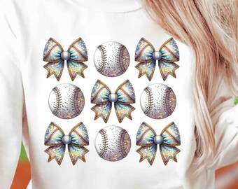 Iridescent Bow & Bling Baseball PNG: Sparkling Sports Clipart (Digital Download)