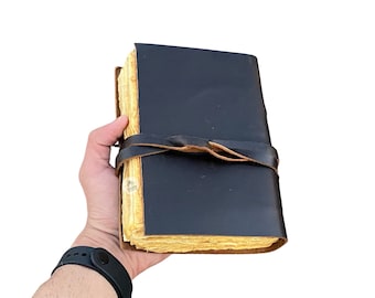 Black Leather Journal Vintage Paper, Handmade Leather Journal dnd, Deckle edge paper 5x7 Writing Journaling Unique Leather Gifts for him/her