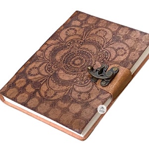 Flower Embossed Leather Journal with Lock, Unlined Leather Journal Handmade, Steampunk Journal, Rustic Brown Leather Journal, Birthday Gifts