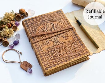 Tree Of Life Leather Journal, Refillable Leather Journal, Tree Embossed Leather Journal, Grimoire Book of Shadows, Celtic Leather Journal