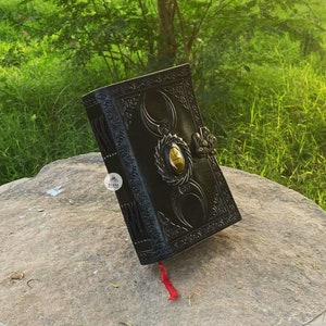 Triple Moon Journal, Leather Deckle Edge Journal, Triple Moon Goddess Leather Journal with Stone, Mother of Earth Witch Leather Journal Lock
