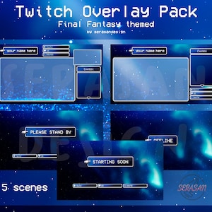 Puede incluir: Un paquete de superposición de Twitch digital con un tema de Final Fantasy. El diseño presenta una combinación de colores azul y blanco con fondos estrellados. El texto incluye "Twitch Overlay Pack", "Final Fantasy themed" y "Your name here". Incluye 5 escenas.