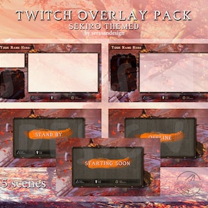 May include: A Twitch overlay pack with five scenes themed after the video game Sekiro: Shadows Die Twice. The scenes include a starting soon scene, a stand by scene, and an offline scene. The overlay pack is designed by serasandesign.